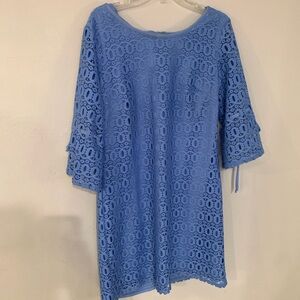 karin stevens light blue crochet lined dress tie sleeve size 14